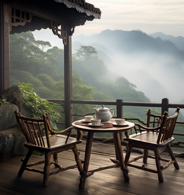 there is a table and chairs on a deck overlooking a mountain. generative ai.